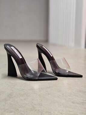 Clear & Black Pointed Toe Mules With Flared Heels